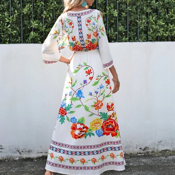 White Floral Print Cold Shoulder Maxi Dress - Picture 2 of 5